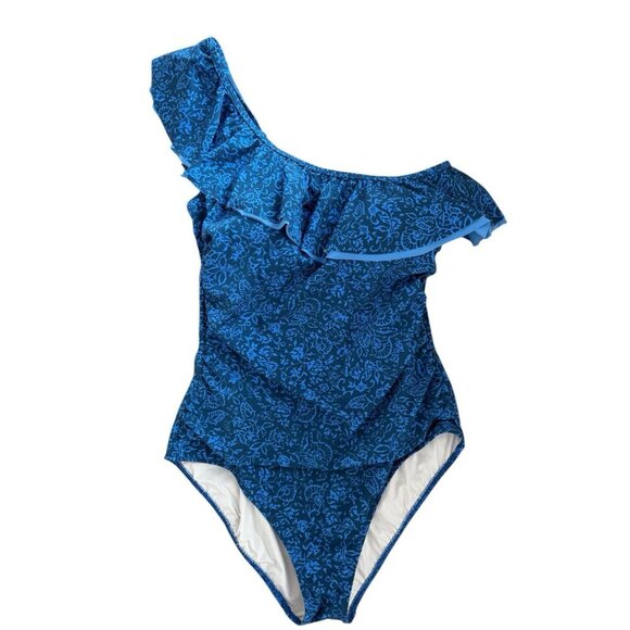 Profile By Gottex Petrol Blue Mehndi One Shoulder Ruffle Swimsuit Womens Size 14 - Picture 5 of 16